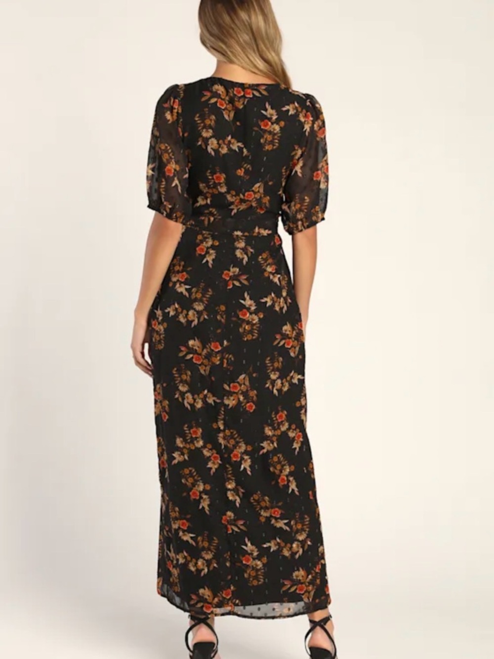 Lulu's Black Floral Wrap Maxi Dress with Autumn Blooms - Picture 4 of 8